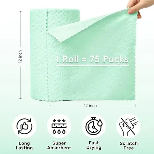 SOOWASH Microfiber Cleaning Cloths Roll, 75 Pack Tear Away Microfiber Towels Roll, 12
