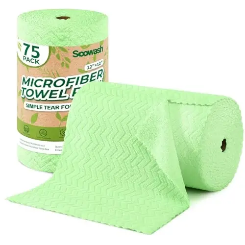 SOOWASH Microfiber Cleaning Cloths Roll 75 Pack 12x12 Inch Lint Free | Tear away design, lint free, washable, scratch free, ultra absorbent, for dish rags and household cleaning, Green color - 1