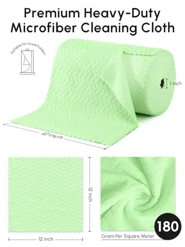 SOOWASH Microfiber Cleaning Cloths Roll 75 Pack 12x12 Inch Lint Free | Tear away design, lint free, washable, scratch free, ultra absorbent, for dish rags and household cleaning, Green color - 3