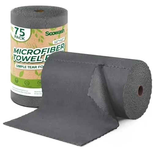 SOOWASH Microfiber Cleaning Cloths Roll 75 Pack 12x12 Inch Lint Free | Tear away design, lint free, washable, scratch free, ultra absorbent, for dish rags and household cleaning, Dark Grey color 