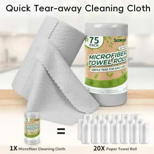 SOOWASH Microfiber Cleaning Cloths Roll, 75 Pack Tear Away Microfiber Towels Roll, 12