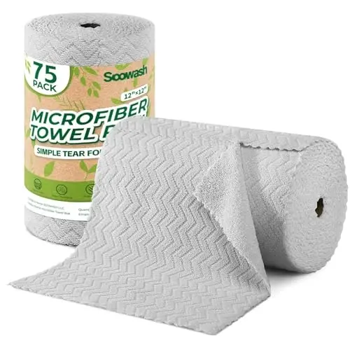 SOOWASH Microfiber Cleaning Cloths Roll 75 Pack 12x12 Inch Lint Free | Tear away design, lint free, washable, scratch free, ultra absorbent, for dish rags and household cleaning, Grey color 