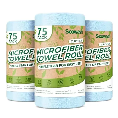 SOOWASH Mikrofiber Tozalovchi Latta Ruloni 225 Talik 12x12 Dyuym Tuksiz | Yirtiladigan dizayn, tuksiz, yuviladigan, chizmaydigan, o'ta shimuvchi, idish va uy tozalash uchun, ko'k rang - 1