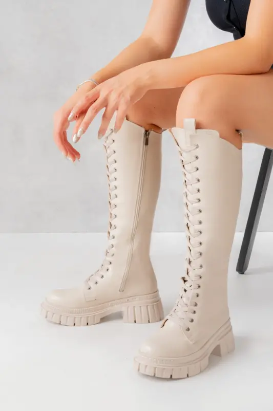 Sophia Long Zippered Lace-up Women's Boot-Beige - SEEM