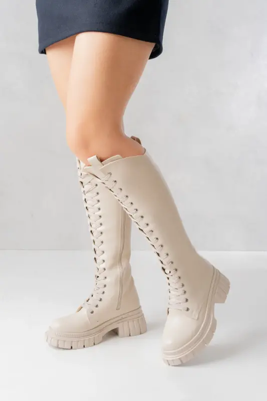 Sophia Long Zippered Lace-up Women's Boot-Beige - 2