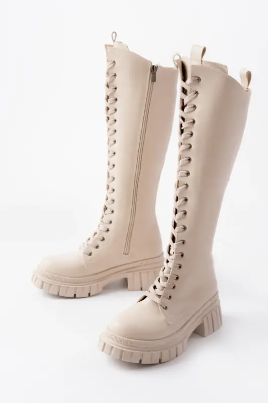 Sophia Long Zippered Lace-up Women's Boot-Beige - 3