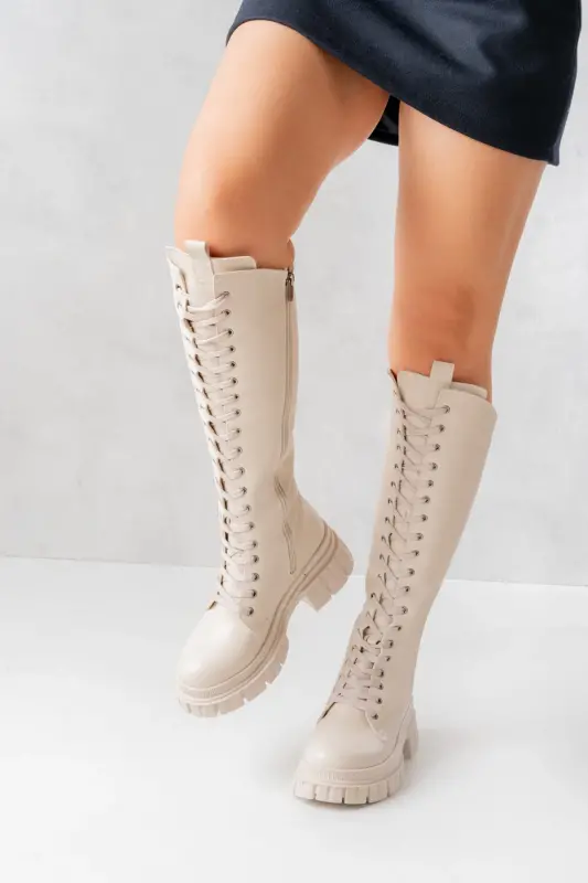Sophia Long Zippered Lace-up Women's Boot-Beige - 6