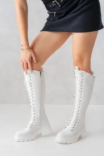 Sophia Uzun Fermuarlı Bağcıklı Kadın Beyaz Çizme-Beyaz - 1