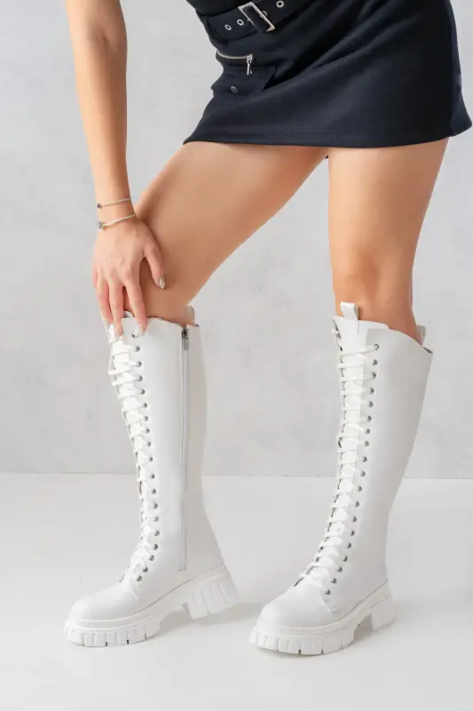 Sophia Uzun Fermuarlı Bağcıklı Kadın Beyaz Çizme-Beyaz - SEEM
