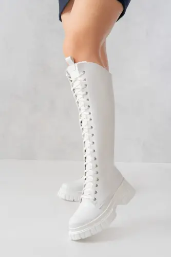 Sophia Uzun Fermuarlı Bağcıklı Kadın Beyaz Çizme-Beyaz - 3