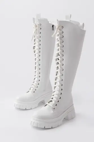 Sophia Uzun Fermuarlı Bağcıklı Kadın Beyaz Çizme-Beyaz - 4