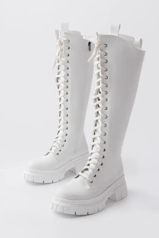 Sophia Uzun Fermuarlı Bağcıklı Kadın Beyaz Çizme-Beyaz - 4