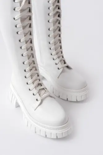 Sophia Uzun Fermuarlı Bağcıklı Kadın Beyaz Çizme-Beyaz - 5