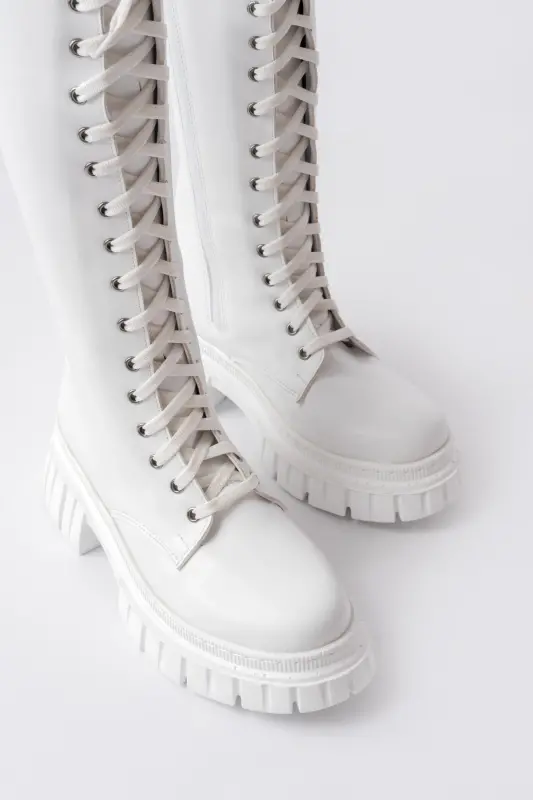 Sophia Uzun Fermuarlı Bağcıklı Kadın Beyaz Çizme-Beyaz - 5