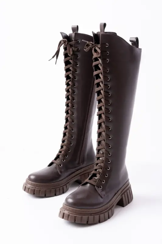 Sophia Uzun Fermuarlı Bağcıklı Kadın Kahverengi Çizme-Kahverengi - 2