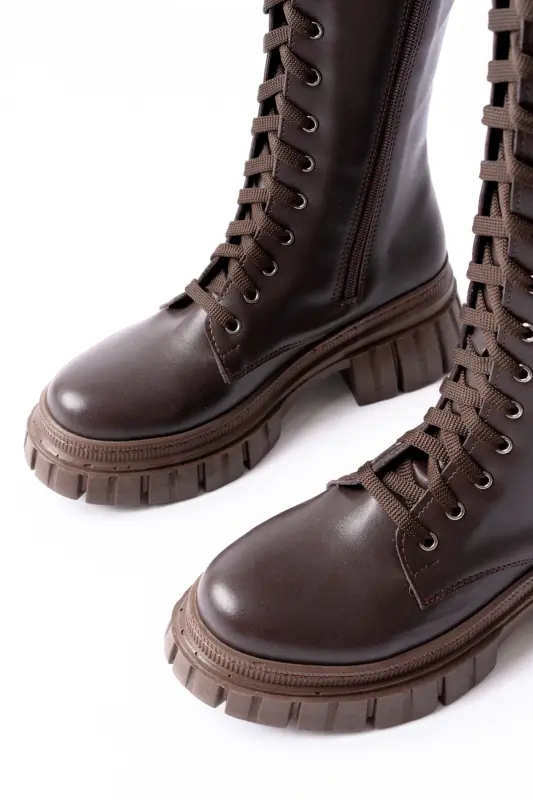 Sophia Uzun Fermuarlı Bağcıklı Kadın Kahverengi Çizme-Kahverengi - 3