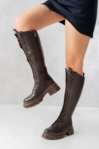 Sophia Uzun Fermuarlı Bağcıklı Kadın Kahverengi Çizme-Kahverengi - 5