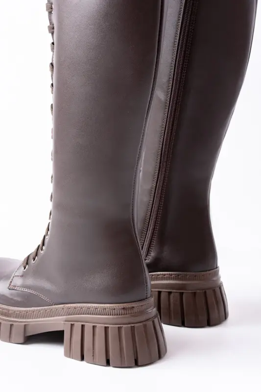 Sophia Uzun Fermuarlı Bağcıklı Kadın Kahverengi Çizme-Kahverengi - 6