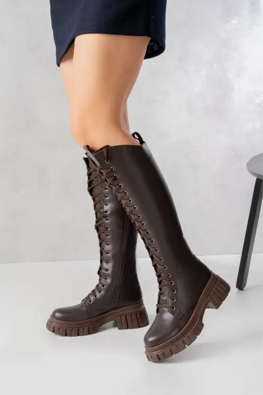 Sophia Uzun Fermuarlı Bağcıklı Kadın Kahverengi Çizme-Kahverengi - SEEM & BE