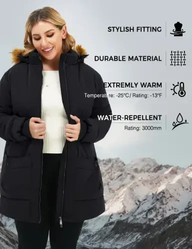 Soularge Ayollar uchun katta o'lchamdagi qishki palto Issiq puffer kurtka Shamoldan himoyalangan kaputli qishki kurtka Qora 3X- - 4