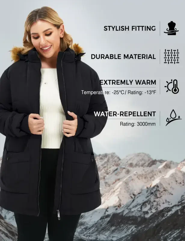 Soularge Ayollar uchun katta o'lchamdagi qishki palto Issiq puffer kurtka Shamoldan himoyalangan kaputli qishki kurtka Qora 3X- - 4