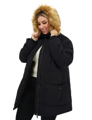 Soularge Ayollar uchun katta o'lchamdagi qishki palto Issiq puffer kurtka Shamoldan himoyalangan kaputli qishki kurtka Qora 3X- - 6