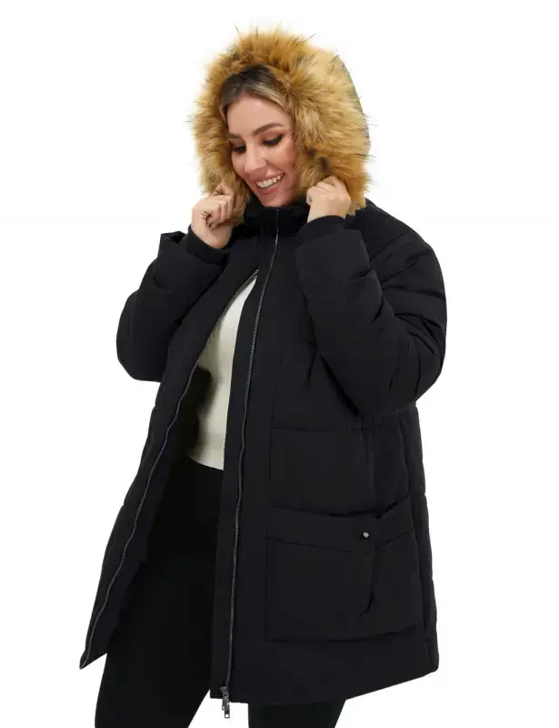 Soularge Ayollar uchun katta o'lchamdagi qishki palto Issiq puffer kurtka Shamoldan himoyalangan kaputli qishki kurtka Qora 3X- - 6