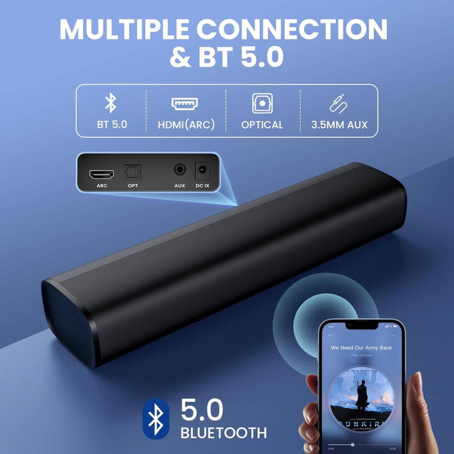 Sound Bar, Sound Bars for Smart TV Bluetooth 5.0 Soundbar 50W 17Inch Small Soundbars with ARC/Optical/AUX Connection, Soundbar Surround Sound Bars for Home Theater Audio - 3