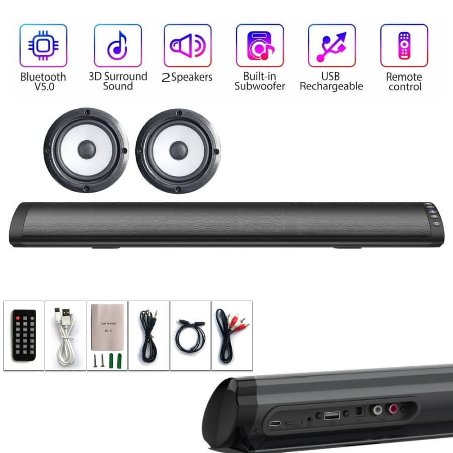 Sound Bars for TV/PC/Projector, Wired and Wireless Home Theater TV Speaker Bar with 3D Stereo Surround Sound, Built in Subwoofer, Sound Bar W/Noise Cancelling Mic for HD Call - 1