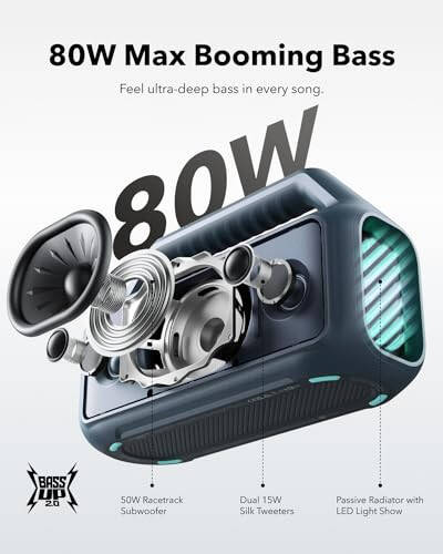 Soundcore Boom 2 Açık Hava Hoparlörü, 80W, Subwoofer, BassUp 2.0, 24 Saat Çalma Süresi, IPX7 Su Geçirmez, Yüzen, RGB Işıklar, USB-C, Özel EQ, Bluetooth 5.3, Açık Hava, Kamp, Plaj İçin Taşınabilir (Yenilenmiş) - 2