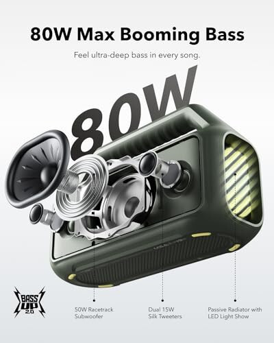 Soundcore Boom 2 Açık Hava Hoparlörü, 80W, Subwoofer, BassUp 2.0, 24 Saat Çalma Süresi, IPX7 Su Geçirmez, Yüzen, RGB Işıkları, USB-C, Özel EQ, Bluetooth 5.3, Açık Hava, Kamp, Plaj İçin Taşınabilir (Yenilenmiş) - 2