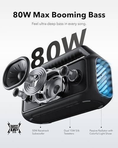 Soundcore Boom 2 Tashqi Dinamik, 80 Vt, Subwoofer, BassUp 2.0, 24 soat o'ynash vaqti, IPX7 suv o'tkazmaydigan, Suv yuzida qoladigan, RGB chiroqlari, USB-C, Maxsus EK, Bluetooth 5.3, Tashqariga, lagerga, plyajga olib chiqish uchun qulay - 3