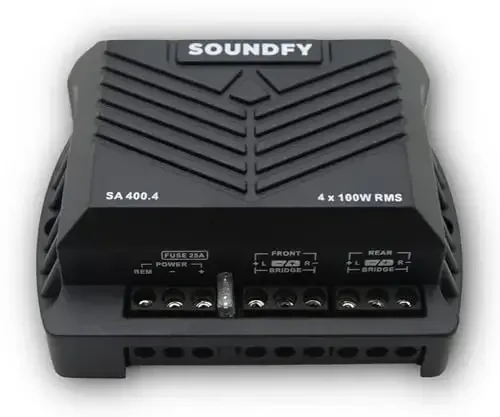 Soundfy SA 400.4 4-канальный автомобильный усилитель, 400 Вт RMS 2Ω, компактный многоканальный усилитель класса D с кроссовером и MOSFET-питанием, идеально подходит для обновления заводской стереосистемы - Soundfy (1)