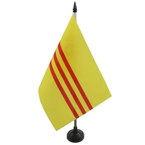South Vietnam Table Flag 5'' x 8'' - Vietnamese Desk Flag 21 x 14 cm. - Black plastic stick and base - AZ FLAG 