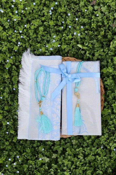 Souvenir Cotton Prayer Rug Set S1004 Blue-Blue - BILENLER