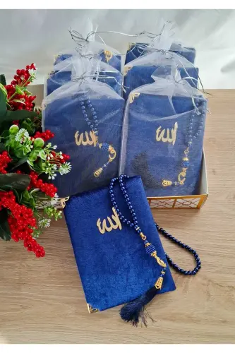 Sovg'a 5 dona baxmal bilan qoplangan Yosin mevlid kitobi Inci tasbeh Tul xaltali (Mavlud Sunnat Umra Haj) - Ko'k - 3