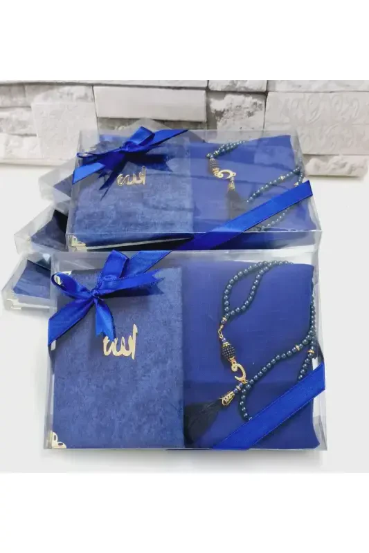 Sovg'a Kadife bilan qoplangan Yosin Flamli Ro'mol Marvarid Tasbeh Mavlid To'plami Kelin Kuyov Sochig'i To'plami 5 Dona - lacivert - 1