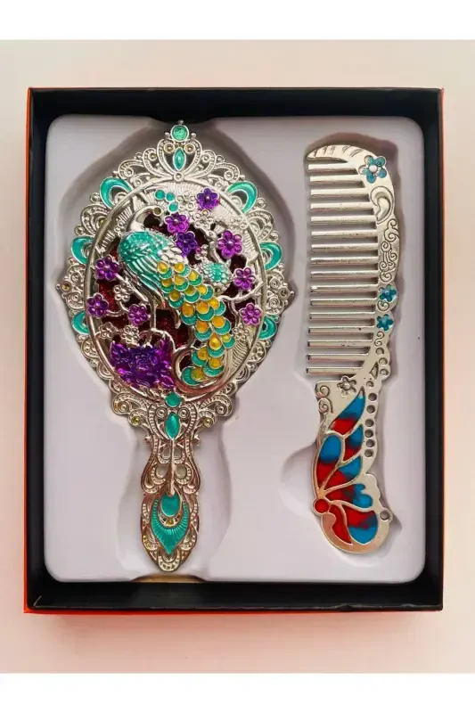 Sovg'a oyna va taroq to'plami, tovusqush, metall, 15x12 - GALATA GIFT