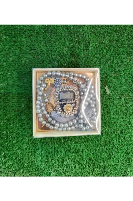 Sovg'a toshli zikr va tasbeh to'plami qutisi bilan - kulrang - 2