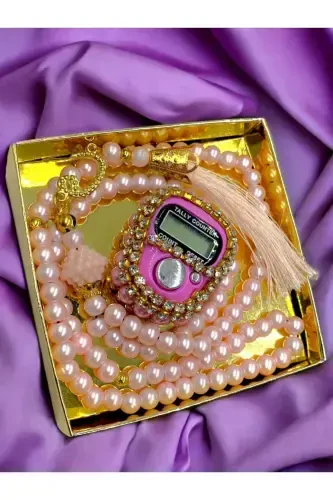 Sovg'a toshli zikr va tasbeh to'plami qutisi bilan - pushti - 1