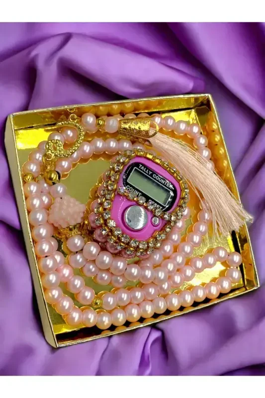 Sovg'a toshli zikr va tasbeh to'plami qutisi bilan - pushti - 1