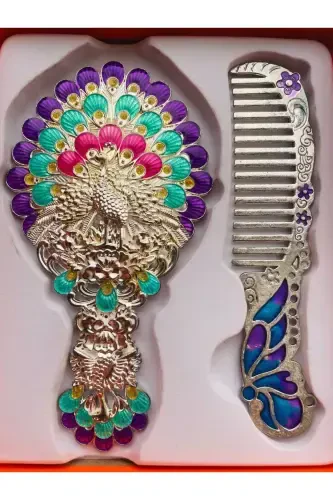 Sovg'a uchun Oyna Tarak Komplekti, Gullari bor, Metall, 15x12-Kumush - GALATA GIFT (1)