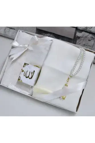 Sovg'a uchun sep Taffeta joynamoz Marjonli tasbeh Kichik Qur'on va bayroqli ro'mol Bo'g'cha va Mavlid to'plami 1 dona-krem - 1