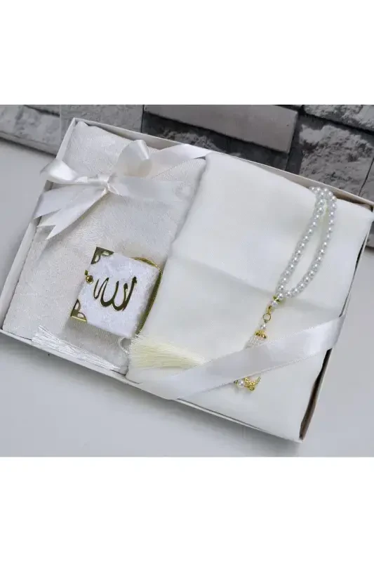 Sovg'a uchun sep Taffeta joynamoz Marjonli tasbeh Kichik Qur'on va bayroqli ro'mol Bo'g'cha va Mavlid to'plami 1 dona-krem - HIRA TASARIM