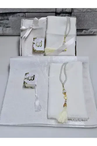 Sovg'a uchun sep Taffeta joynamoz Marjonli tasbeh Kichik Qur'on va bayroqli ro'mol Bo'g'cha va Mavlid to'plami 1 dona-krem - 3
