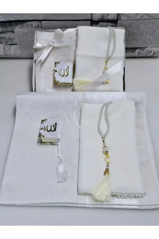 Sovg'a uchun sep Taffeta joynamoz Marjonli tasbeh Kichik Qur'on va bayroqli ro'mol Bo'g'cha va Mavlid to'plami 1 dona-krem - 3