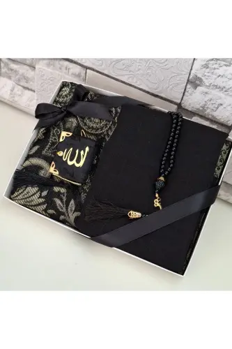 Sovg'a uchun sep Tafta joynamoz Marjon tasbeh Kichik Qur'on va Flamli ro'mol Bohcha va Mevlid to'plami 1 dona-Qora 