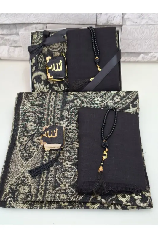 Sovg'a uchun sep Tafta joynamoz Marjon tasbeh Kichik Qur'on va Flamli ro'mol Bohcha va Mevlid to'plami 1 dona-Qora - 3