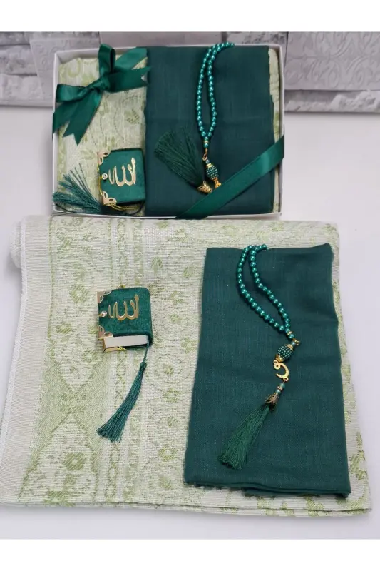 Sovg'a uchun sep tafta joynamozi marjon tasbeh mini Qur'on va flamli ro'molcha bog'lam va mevlud to'plami 1 dona-Yashil - 3