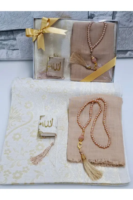 Sovg'a uchun sep Tafta joynamozi, marjonli tasbeh, kichik Qur'on va lentalı ro'mol, Bohcha va Mevlid to'plami 1 dona-Oltin - 3